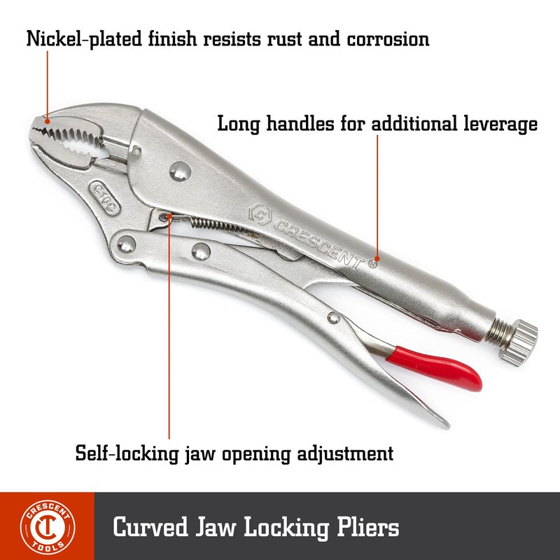 Crescent Curved Jaw Locking Pliers with Wire Cutter - 2 Piece Set - Home DIY & Professional Mechanic Hand Tool for Nuts & Bolts, Cables, Wires - 7" & 10" - CLP2SETN - Image 2